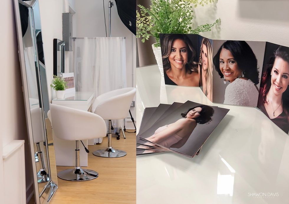 Glossy hair salon scene with styling chairs and a collage of smiling women’s hairstyle photos