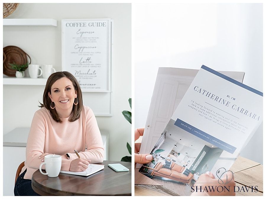 Woman seated at a desk in a bright home office, with mugs, notebook, and branded print materials nearby