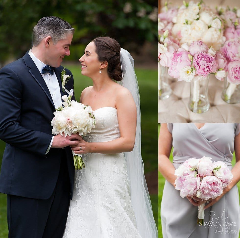 Bride and groom smiling, holding a white and pale pink bouquet at an outdoor wedding; bouquet close-ups on the side.