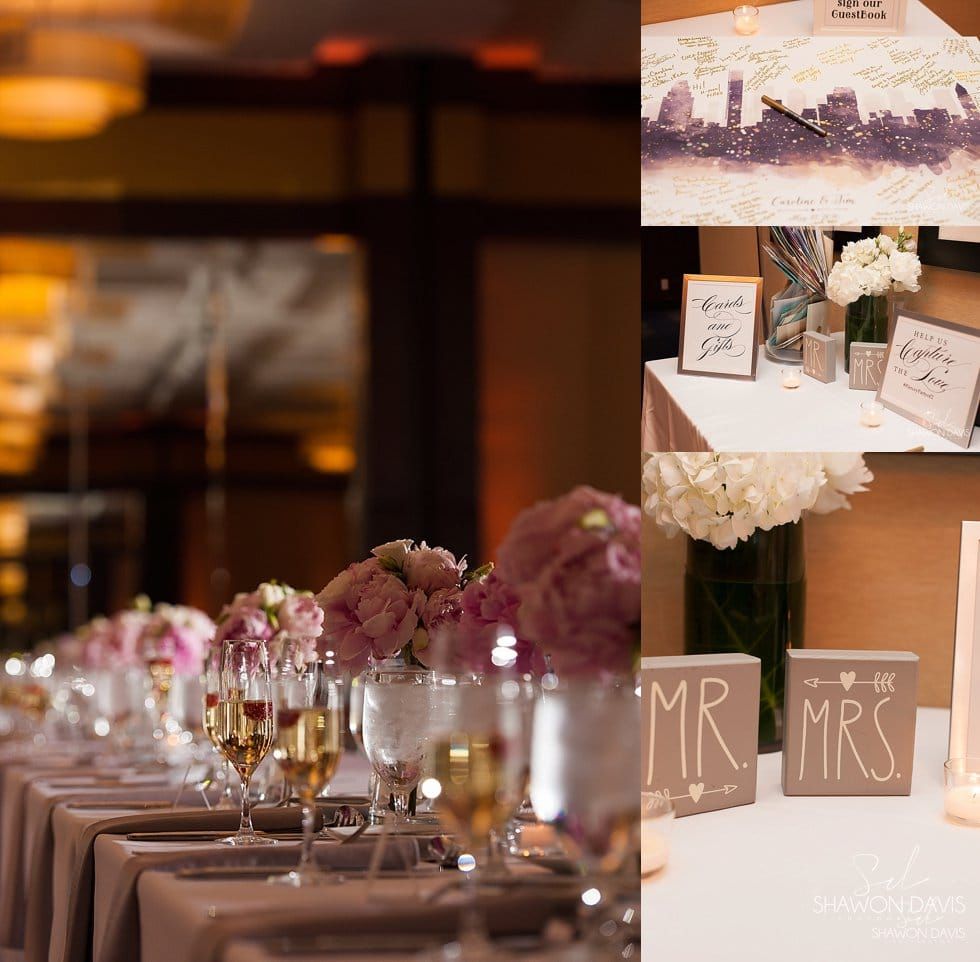 Elegant wedding reception table with pink floral centerpieces and “Mr & Mrs” decor in warm lighting