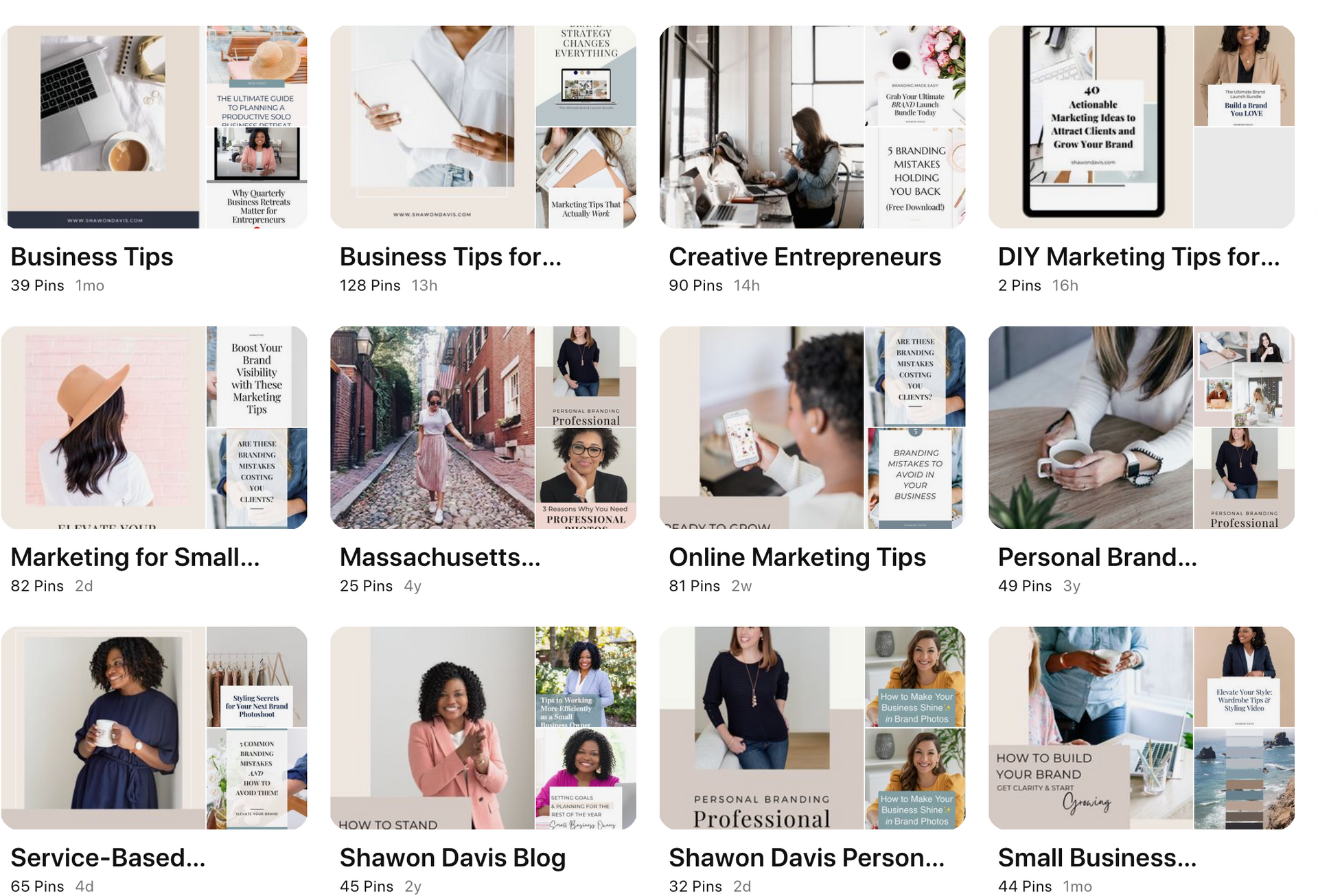 Grid of marketing and business template thumbnails with laptop, planner, and pastel branding designs