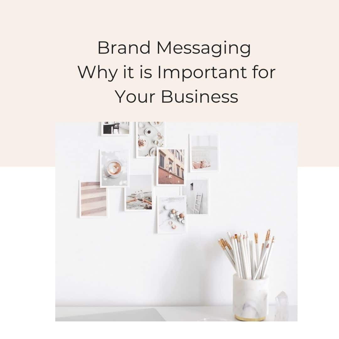 Brand messaging header on a minimalist wall with pinned decor photos and a white cup of pencils