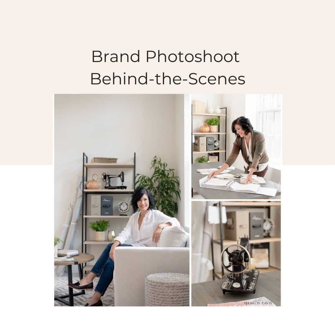 Brand photoshoot behind-the-scenes with a woman posing in a bright studio workspace