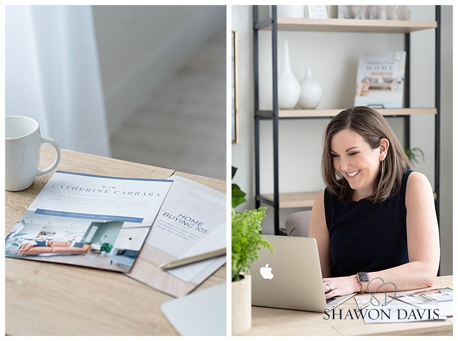 Woman smiling at laptop beside a desk with papers and a white mug in a bright home office
