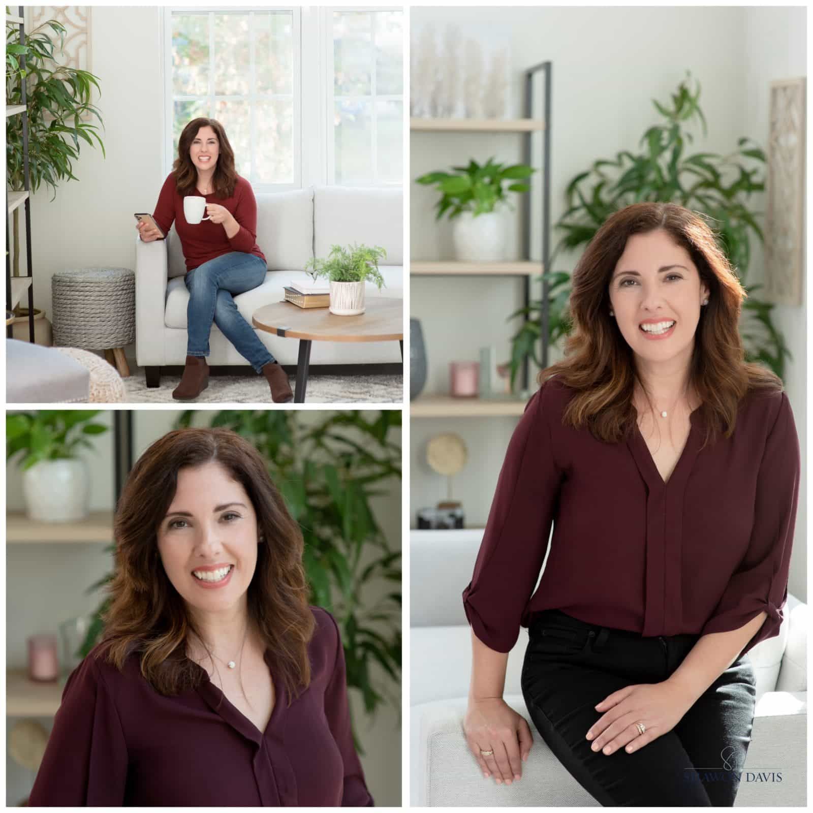 Portrait collage of a smiling woman in a maroon blouse seated in a bright living room with plants and shelves