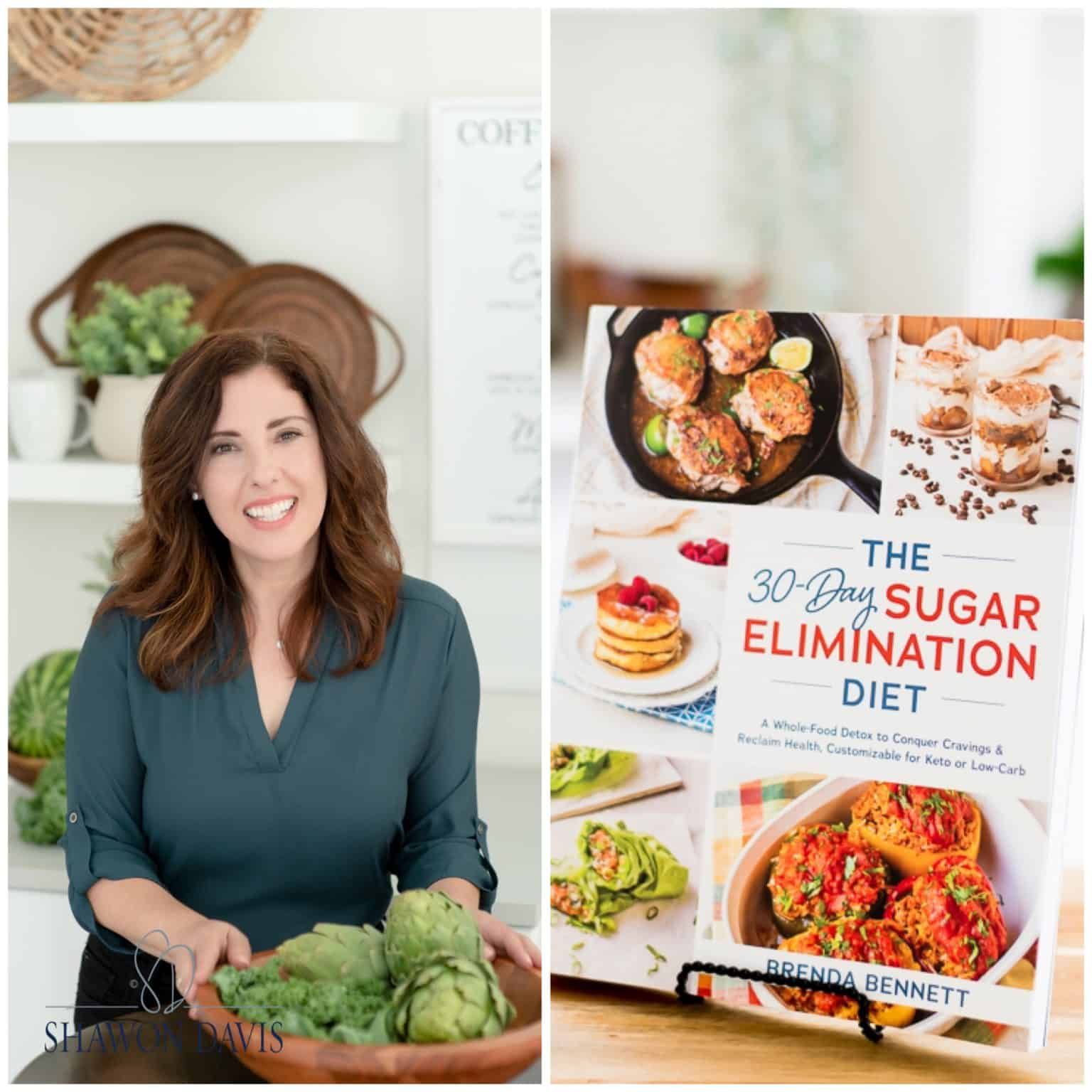 Book cover with smiling woman holding vegetables beside “The 30-Day Sugar Elimination Diet” title and food photos