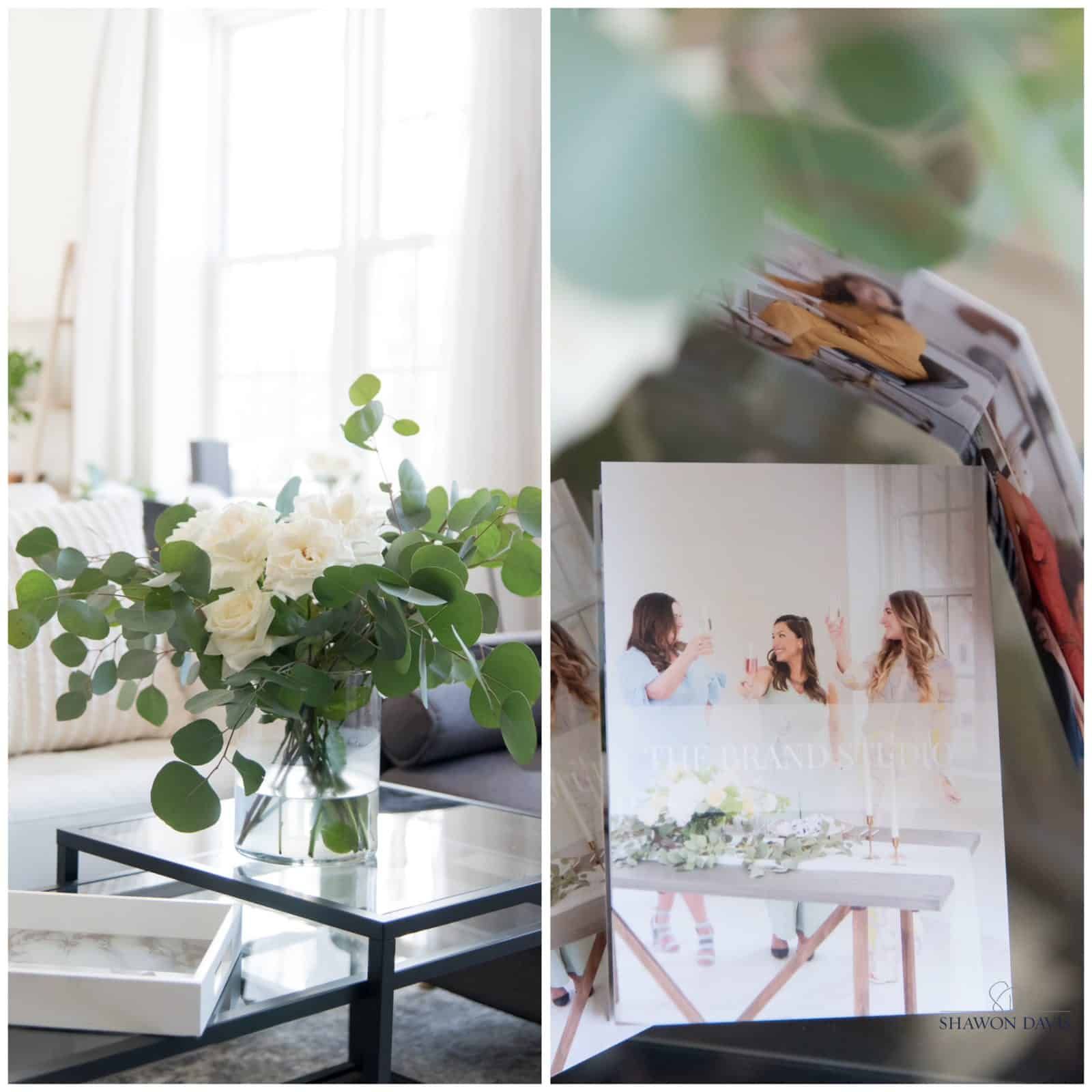 Floral tabletop decor beside a collage of wedding photos on a bright table