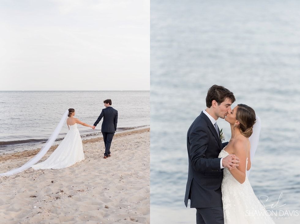 Couple in wedding attire holding hands on a beach, with a close-up of them embracing by the shore.