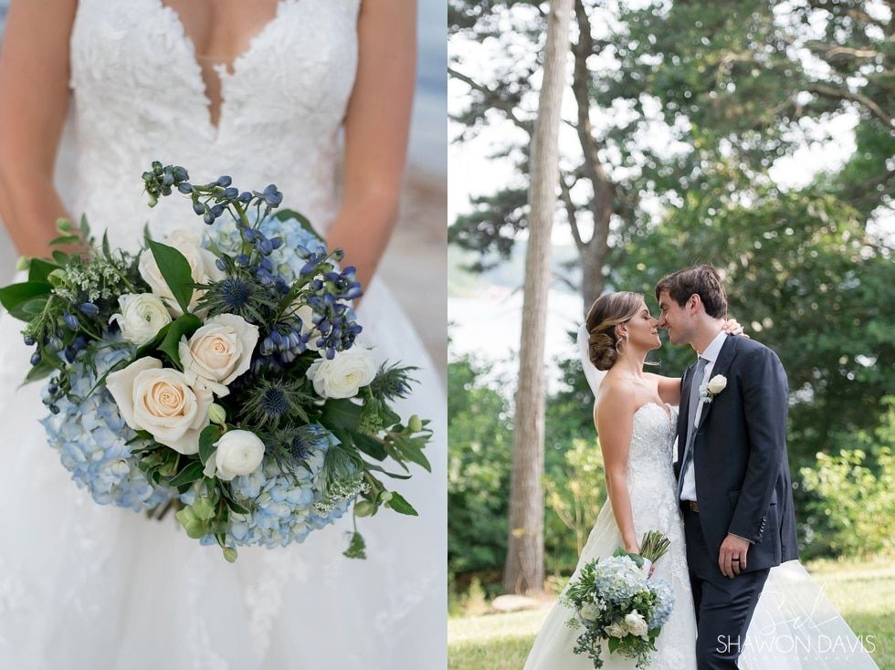Bride holding white and blue bouquet; inset shows bride and groom sharing a kiss outdoors.