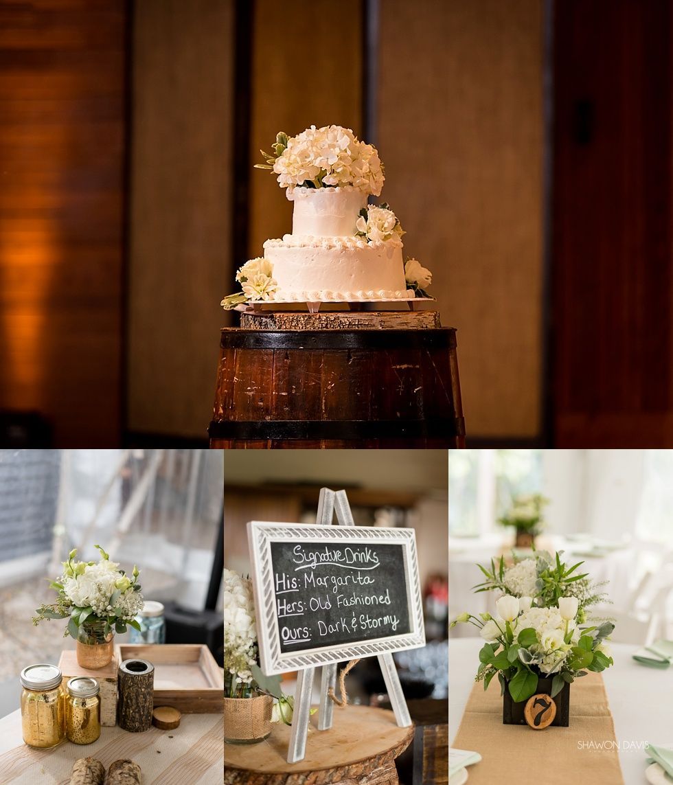 Wedding dessert and decor collage with a small white cake, chalkboard sign, and floral arrangements