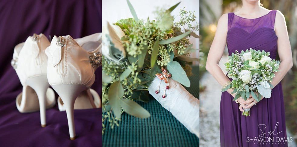 Wedding heels, bridal bouquet, and a woman holding a white bouquet in a purple dress