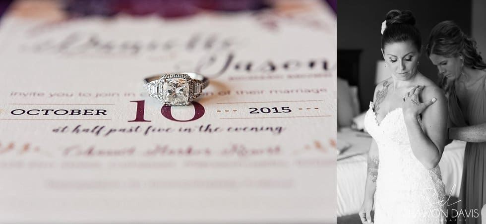 Wedding invitation with rings and bride and groom in black-and-white portrait