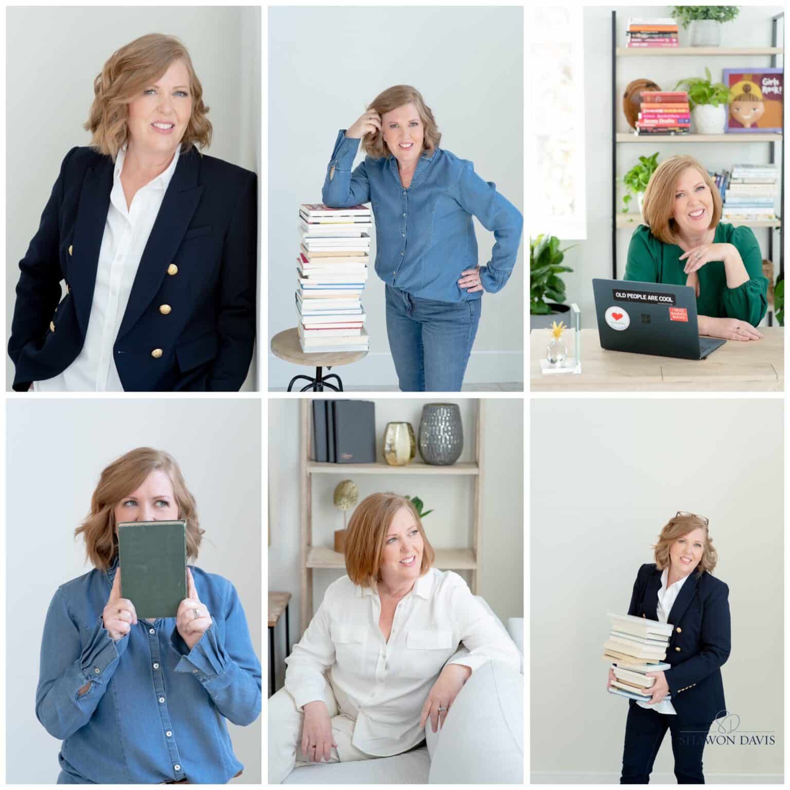 Six-panel collage of a woman in blue and white outfits posing with books in a bright office and bookshelf setting
