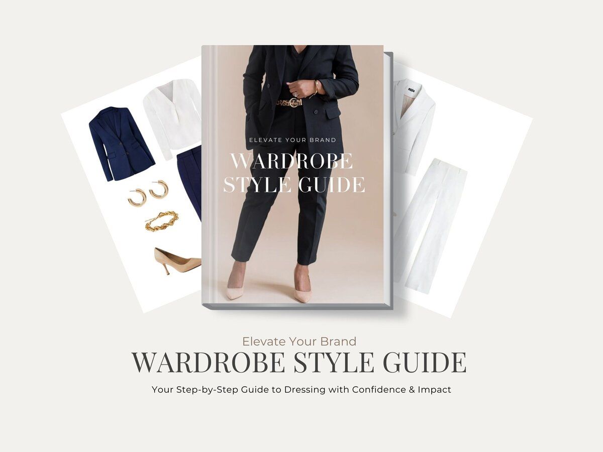 Wardrobe style guide cover with black coat and outfit collage on a light background