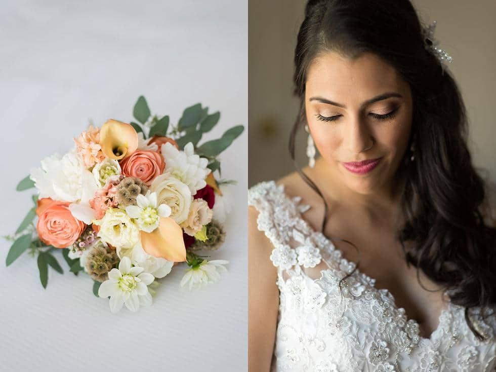 Wedding bouquet beside bride in white lace dress looking down