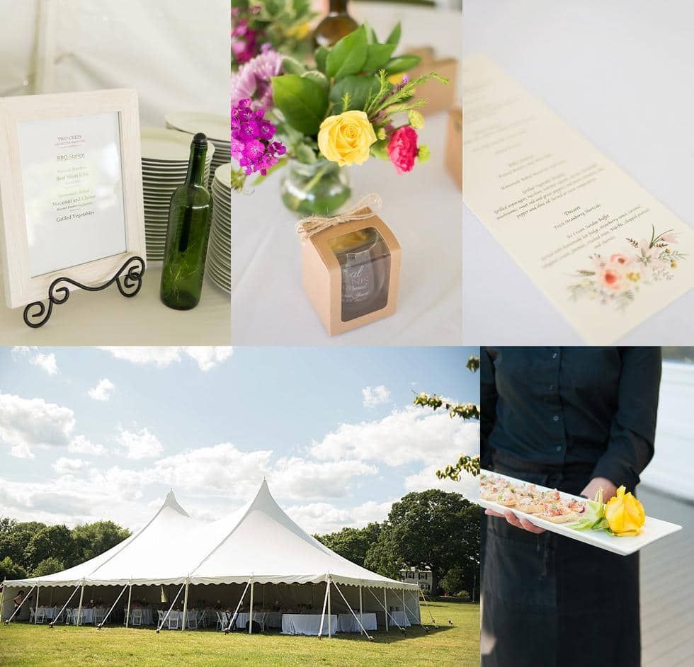 Wedding decor collage with white tent, floral arrangements, ceremony program, and serving tray