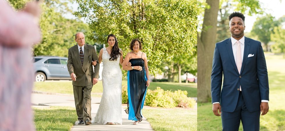 Two side-by-side wedding portraits: bride and groom outdoors, and a groom in a navy suit on a lawn.