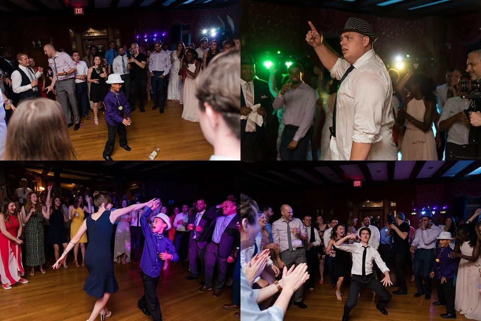 Crowded nightclub dance floor with people dancing under purple and blue lights, shown in two wide views