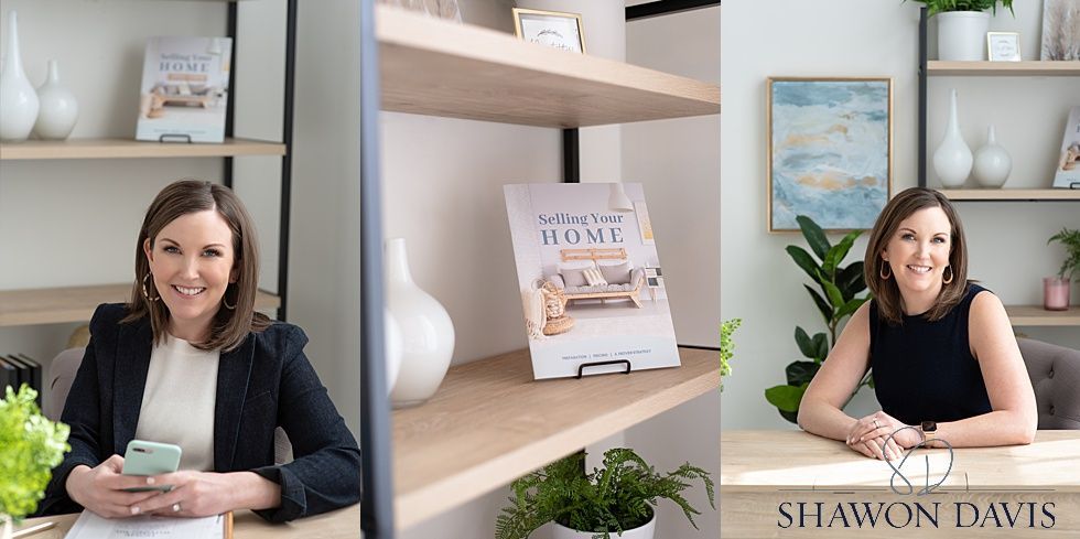 Collage of a woman at a desk, bookshelf decor, and a portrait labeled “Shawna Davis”