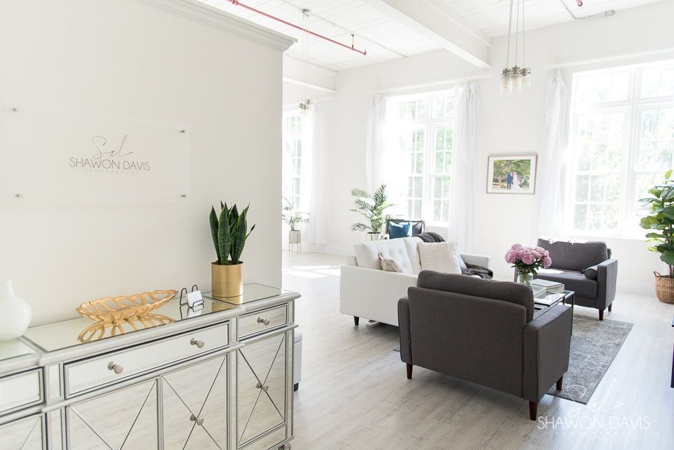 Bright living room with white walls, dark armchairs, a sofa, and a sideboard with plants and decor.