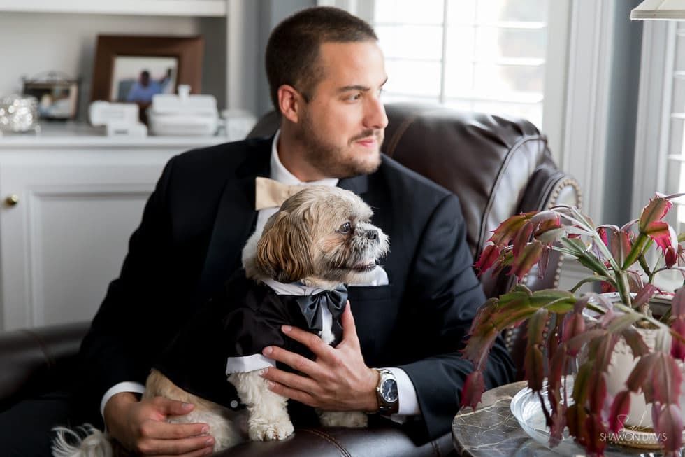 Man in a black suit holding a small dog on a couch beside a plant, looking out a window