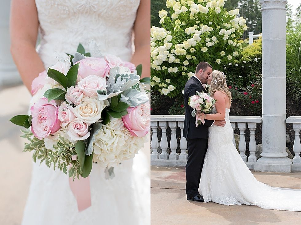 Bride holding pastel bouquet beside bride and groom kissing on a terrace garden