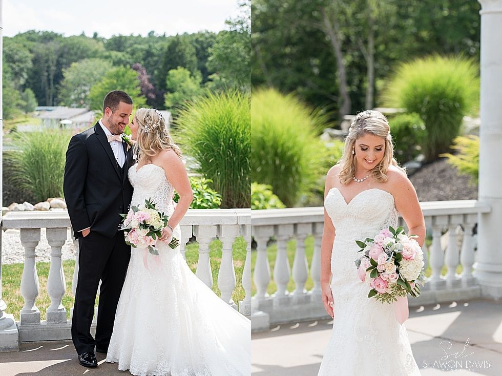 Bride and groom pose on a white terrace, while the bride walks forward holding a pink bouquet.