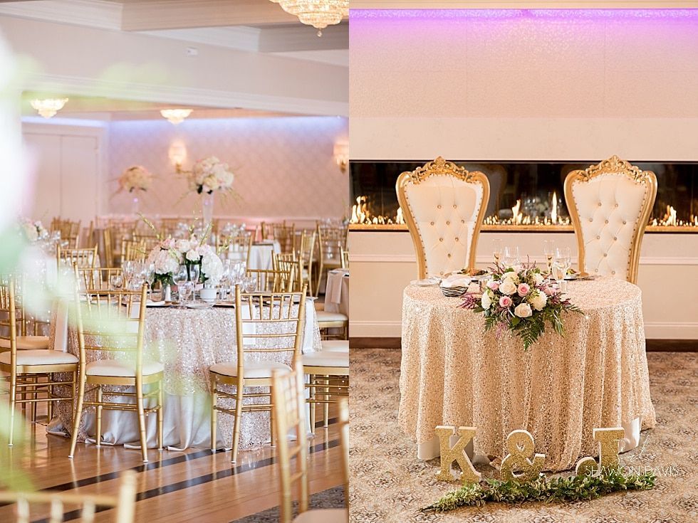Elegant wedding reception hall with gold chairs, floral centerpieces, and a decorated sweetheart table