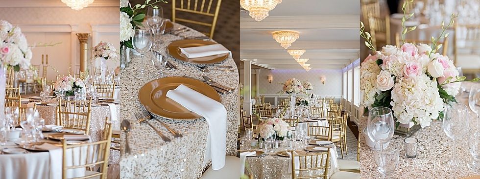 Elegant gold-and-white banquet hall with floral centerpieces, chandeliers, and a large decorative number 2
