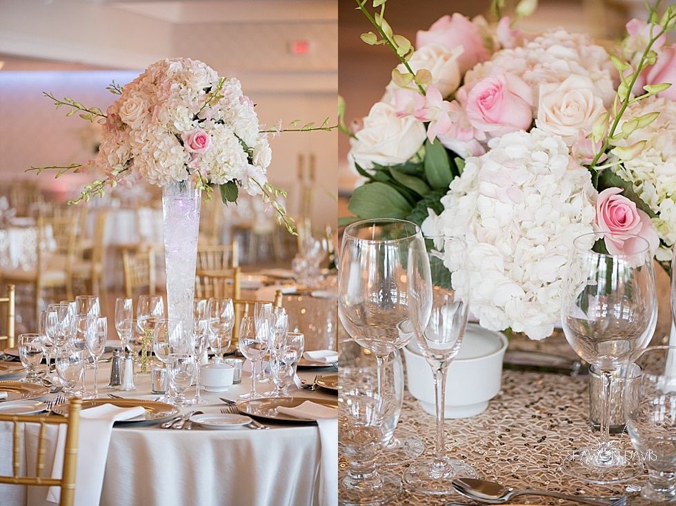 Elegant banquet table with gold accents and pink-and-white floral centerpieces