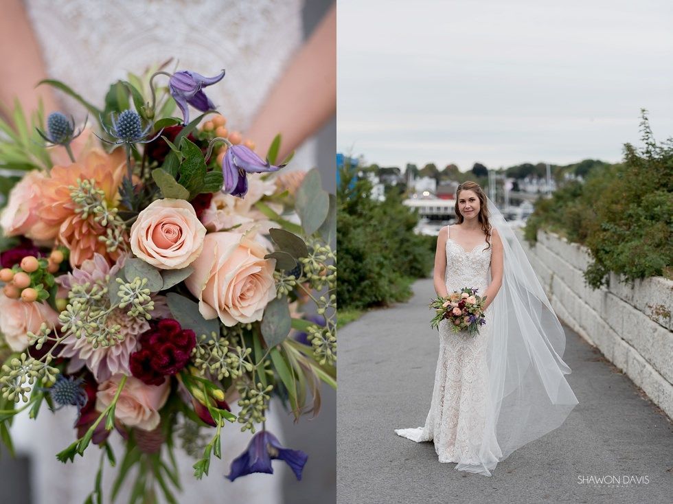 Bride in white lace dress holding a pastel bouquet on a rooftop path, with bouquet close-up inset