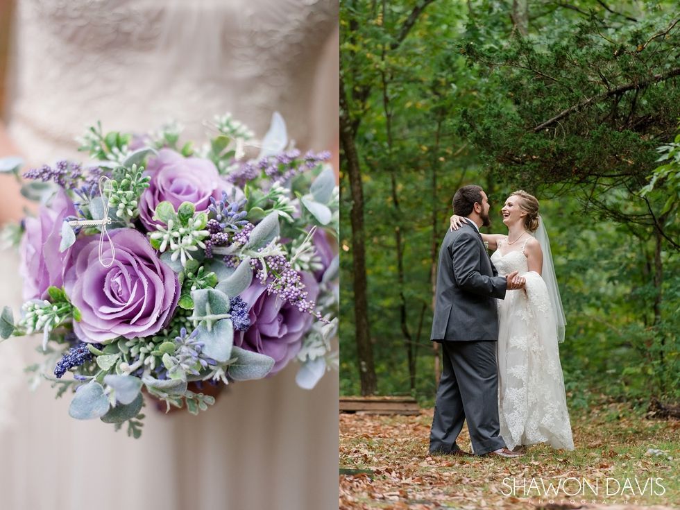 Purple bridal bouquet in a bride’s hands beside a couple kissing outdoors in a wooded setting