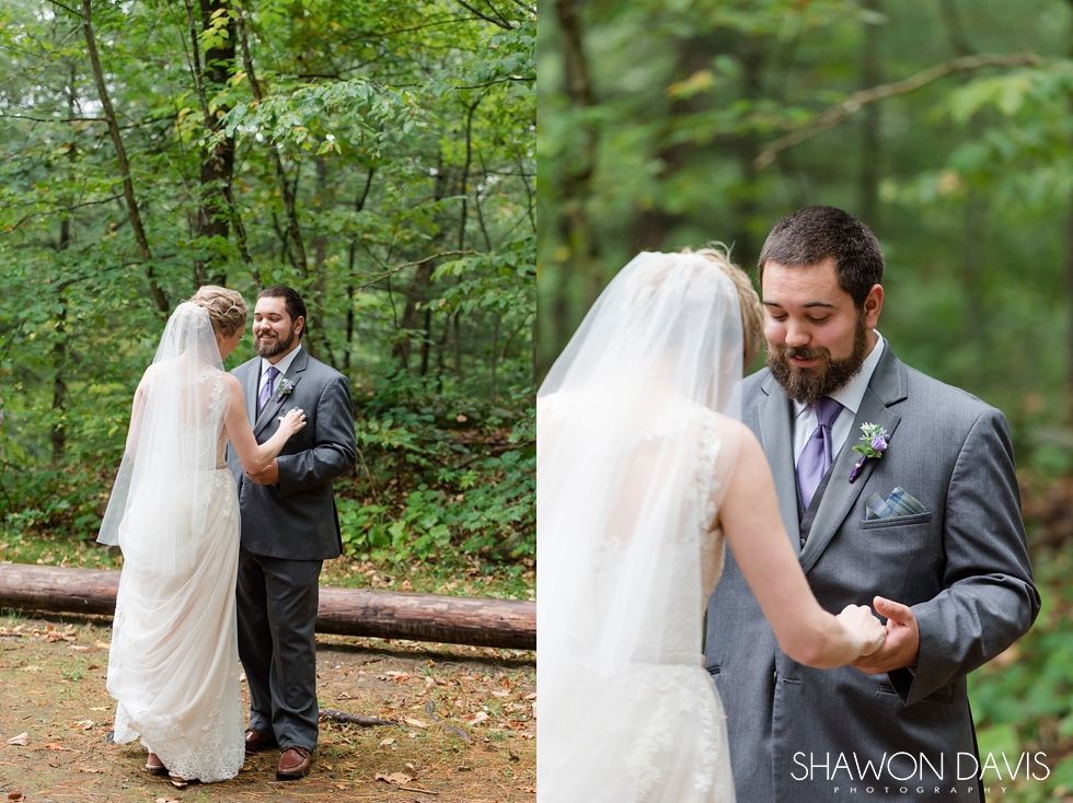 Bride and groom holding hands in a forest wedding ceremony, with a second view of the couple in the foreground.