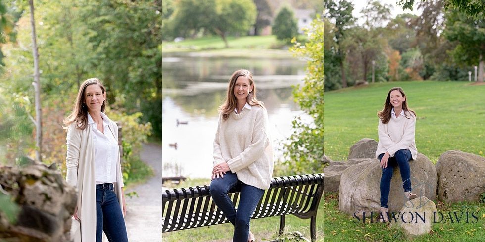 Triptych of a woman posing outdoors in a cream blouse and jeans in a park by a lake.