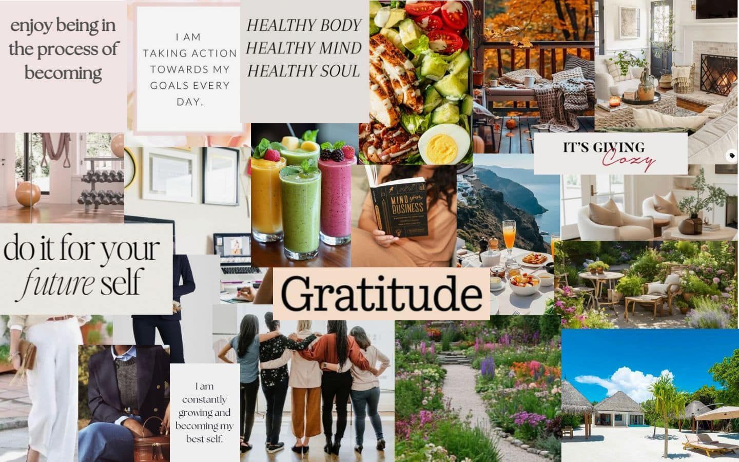 Mood board collage with Gratitude, healthy food, coffee, flowers, and lifestyle photos in soft pastel tones