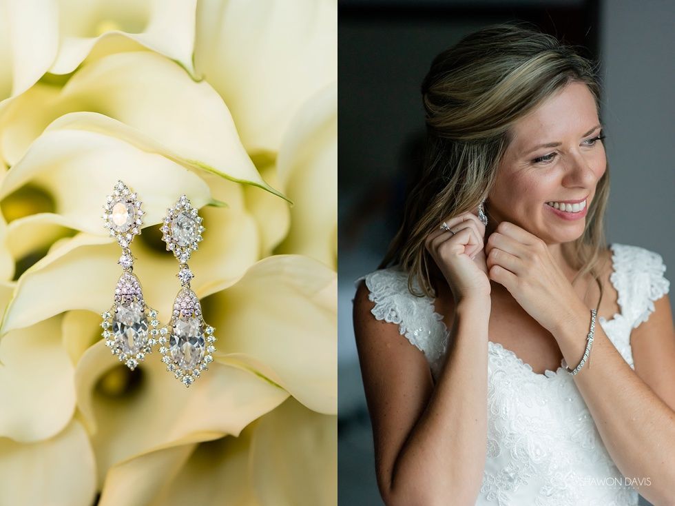 Diamond earrings displayed beside a smiling bride in a white dress