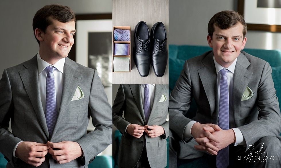 Collage of a man in a gray suit with navy shoes and a pocket square, posing indoors by a window and fireplace.