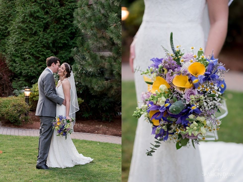 Wedding couple kissing outdoors, bride holding a purple and yellow bouquet; bouquet close-up on right
