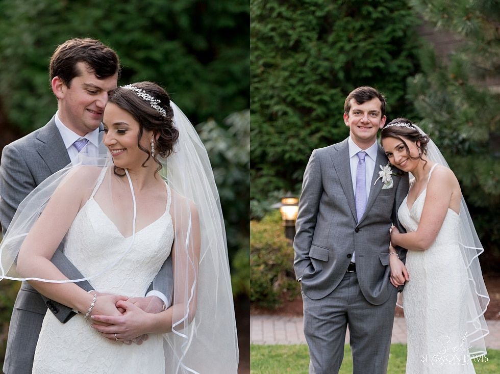 Two wedding portraits of a couple in formal attire, with the bride and groom smiling outdoors by greenery