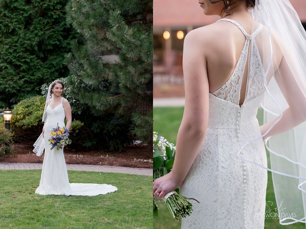 Bride in white lace gown holding a bouquet on a lawn, with a close-up of her back and veil.