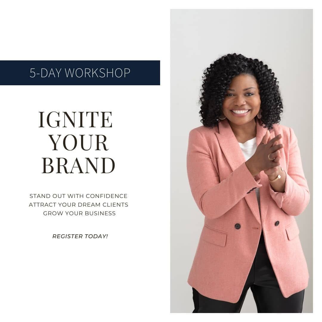 Business workshop promo with smiling woman in pink blazer beside “Ignite Your Brand” text