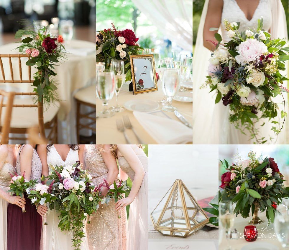 Elegant wedding floral decor with white, pink, and burgundy bouquets, table settings, and geometric centerpiece