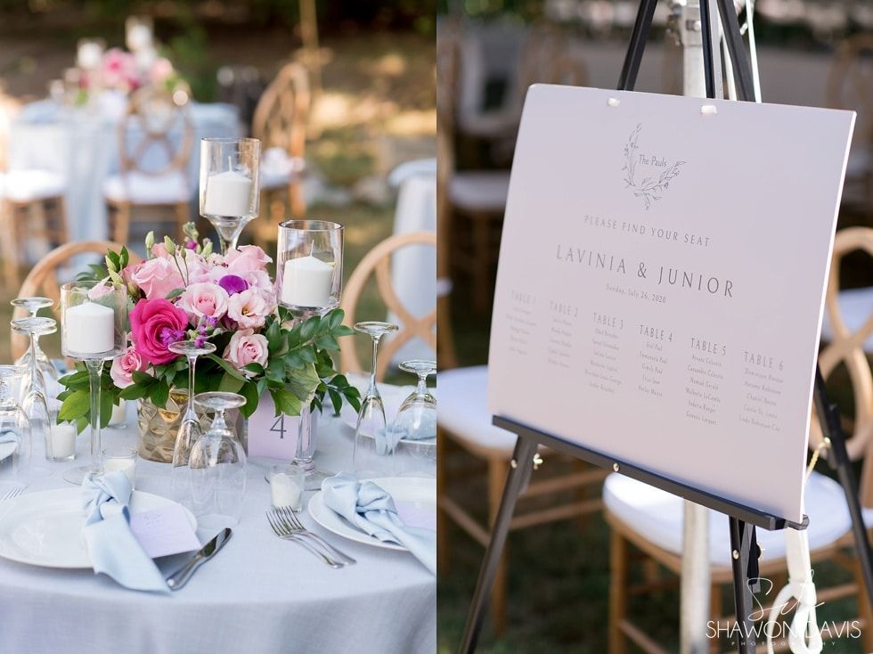 Elegant outdoor wedding table with pink floral centerpiece and a white seating chart easel