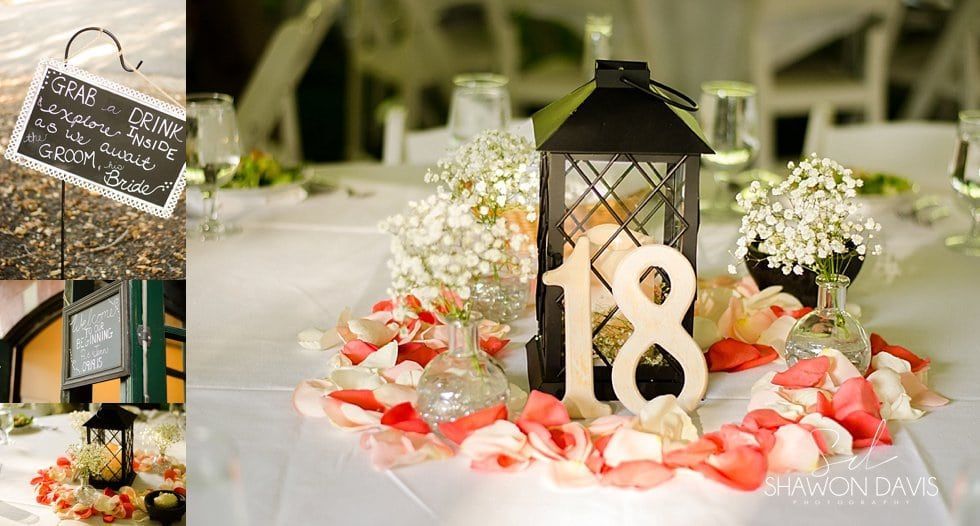 Decorated table centerpiece with black lantern, “18” candles, and pink rose petals for a celebration