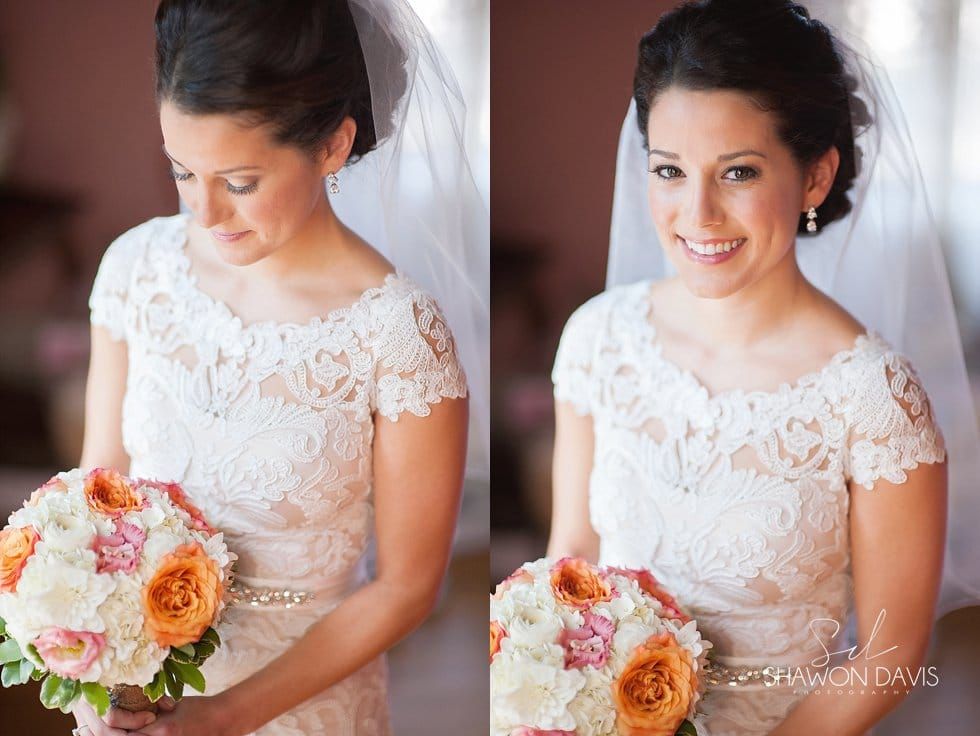 Bride in a white lace dress holding a bouquet, shown in two close-up portraits smiling softly.