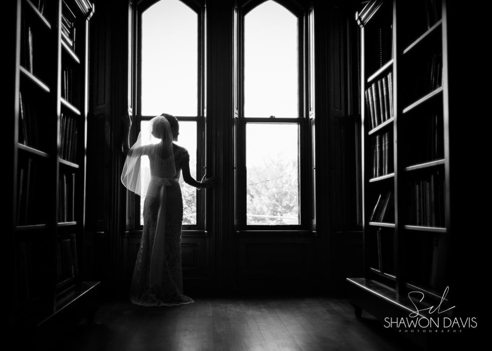 Silhouetted person standing at a bright window between tall bookshelves in a dark room