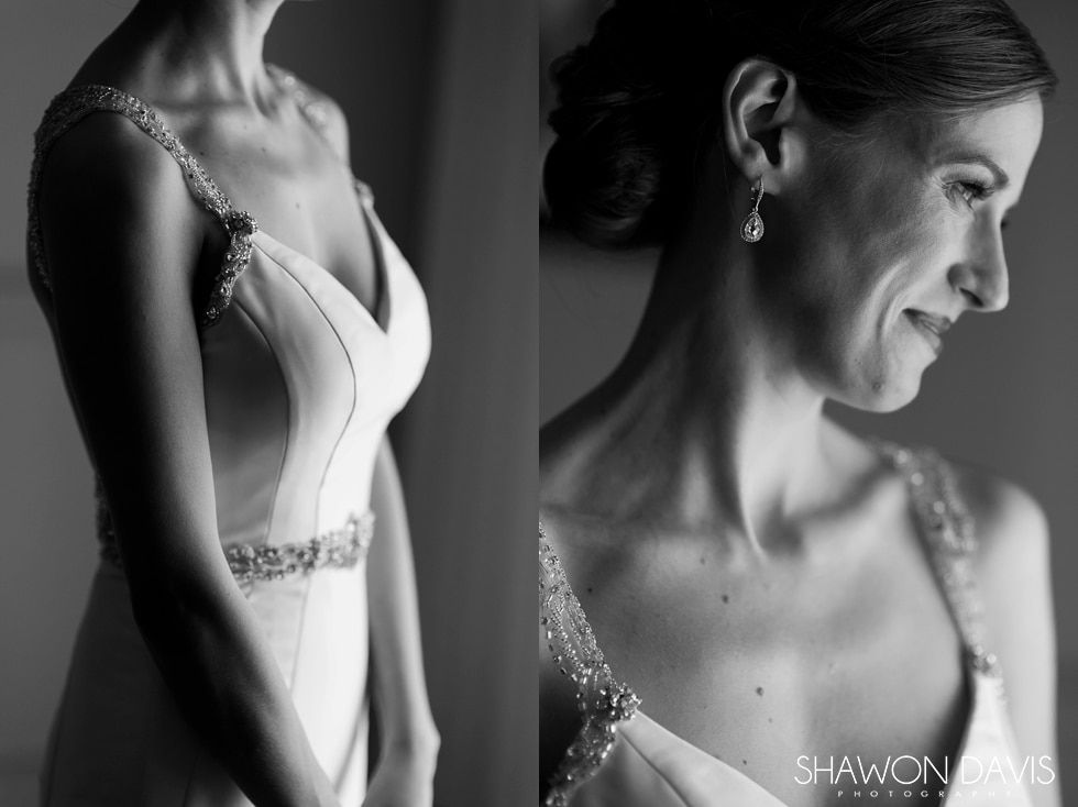 Black-and-white collage of a woman in an embellished bridal gown, shown in profile with a soft smile.