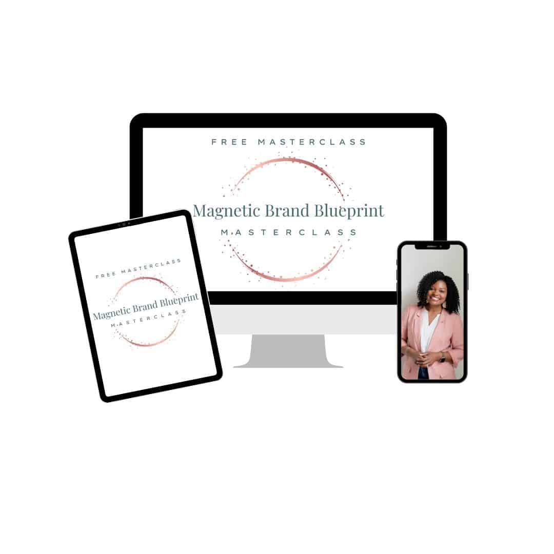 Brand blueprint shown on desktop, tablet, and phone mockups with a portrait on the phone screen