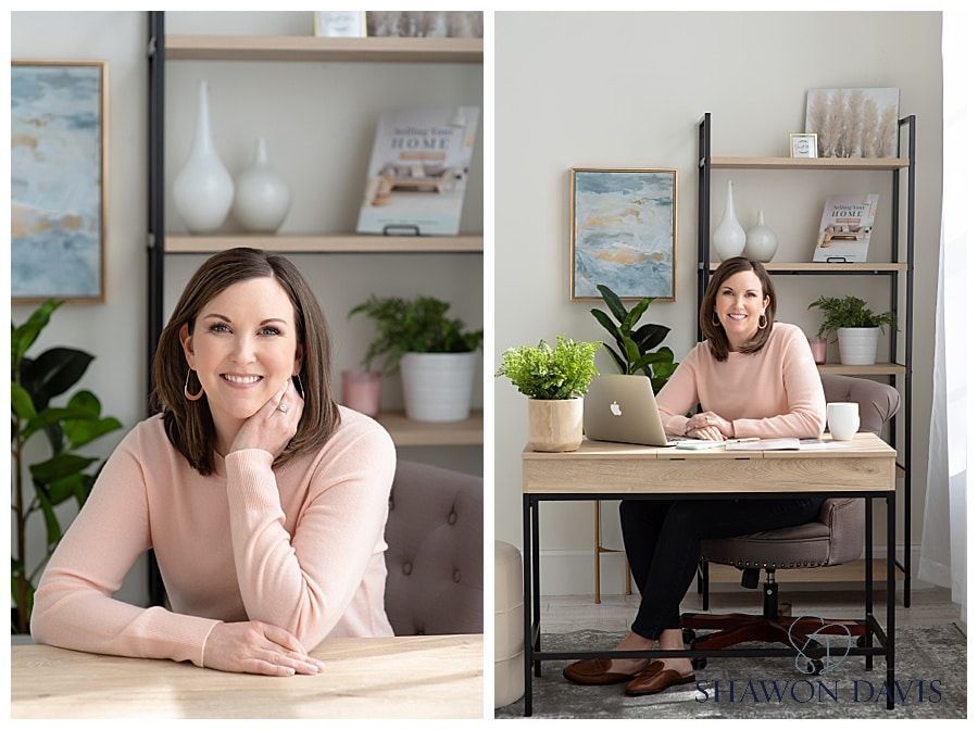 Woman in pink top smiling at a desk in a bright home office with laptop, plants, and shelves
