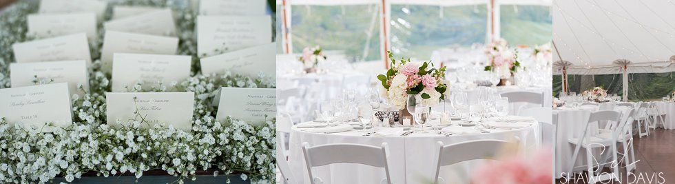 White wedding ceremony setup with rows of chairs and a decorated reception table in a bright outdoor tent